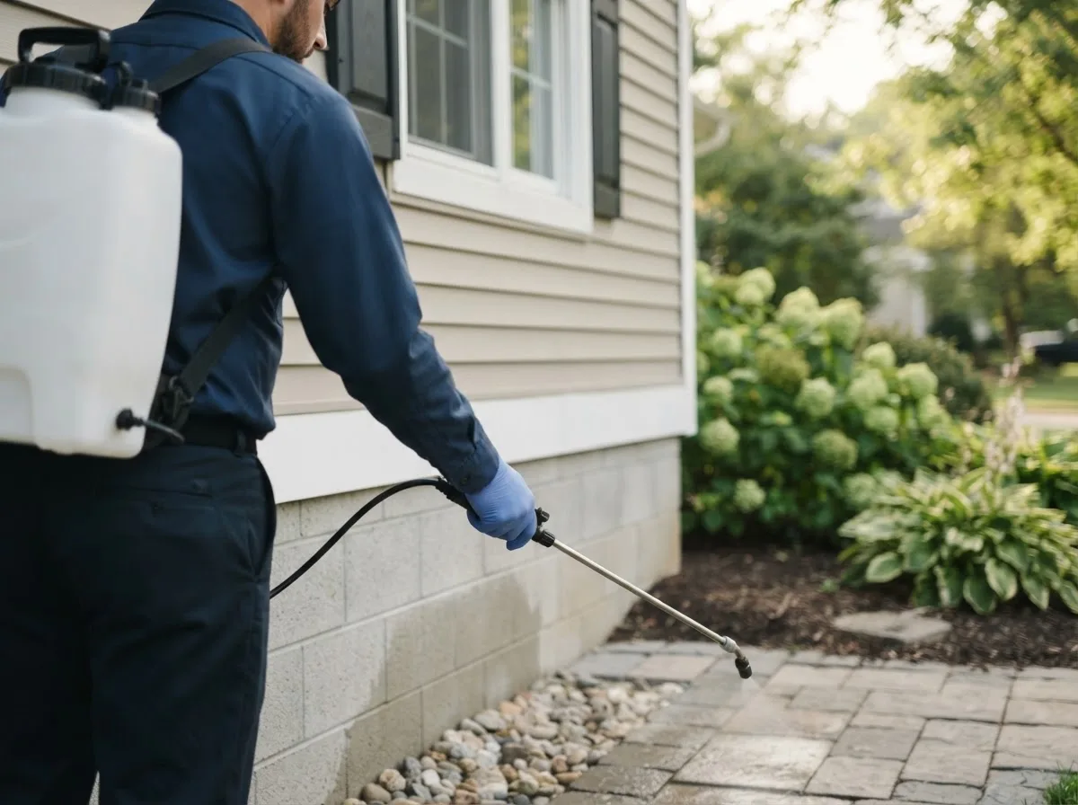 Pest control technician inspecting a home in Newark, AR